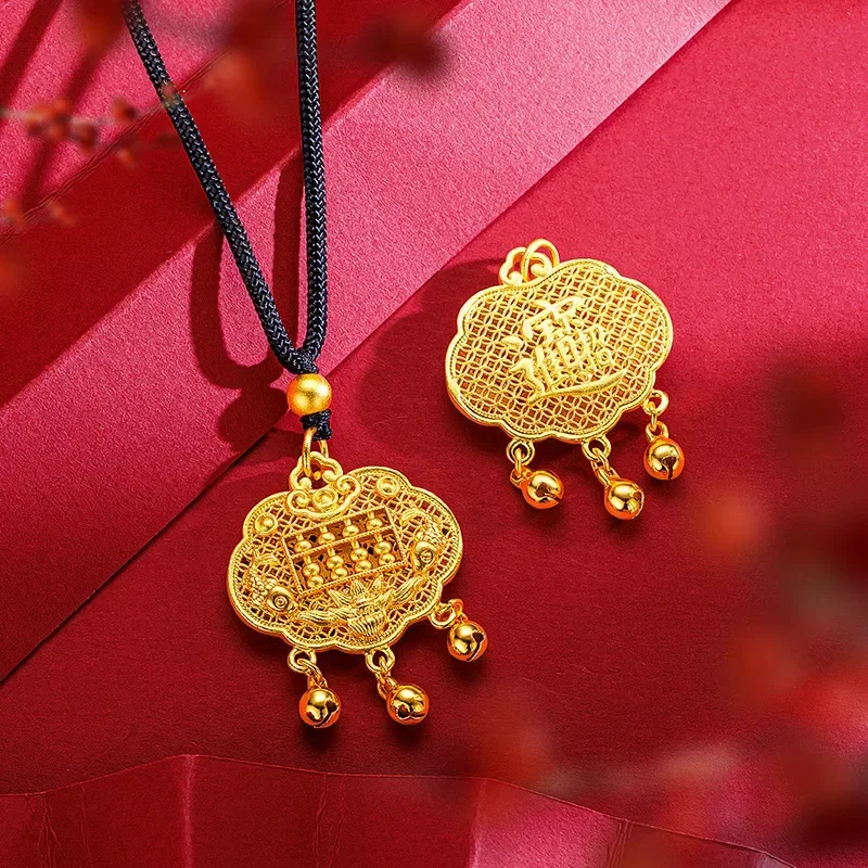 9999 Real Gold 24K Ancient Long Life Lock Pendant Bell Safety Lock Pendant Retro Lucky Treasure Abacus Braided Rope Necklace