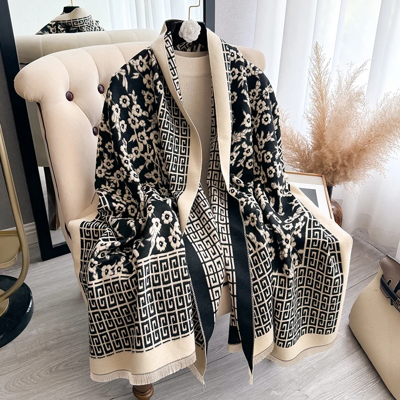 2024 New Elegant Ladies\' Pashmina Plaid and Flower Jacquard Cashmere Scarf Winter Thick Warmth Two-Sided Shawl Blanket Scarf