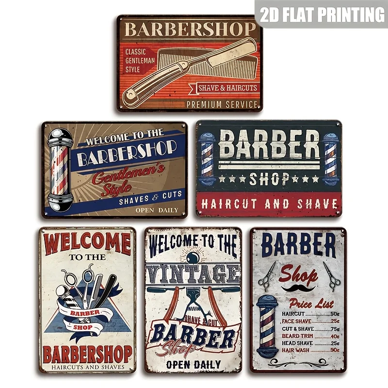 2D Flat - Set of 6 Vintage Metal Signs for a Barber Shop, Featuring Humorous Designs Suitable for Outdoor Display. Perfect for D