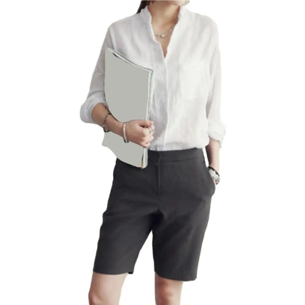 Women Lapel Long Sleeve Shirt Tops Loose Fit Single-breasted Patch Pocket Thin Casual Shirt Workwear