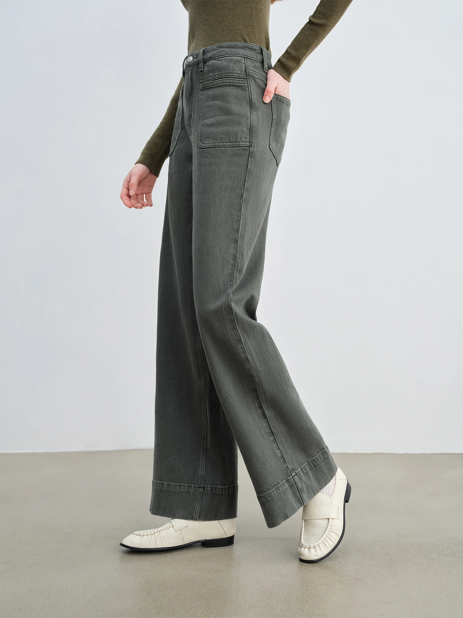 Ziqiao Retro op maat gemaakte groene jeans voor dames 2025, nieuwe stijl, heupbedekkende rechte broek, slanke wijde pijpen, lange broek 25ZQ93010