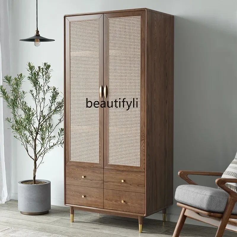 Solid Wood Wardrobe Home Bedroom Cabinet Double Door Storage Wardrobe Rattan Hanging Cabinet