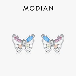 MODIAN 925 Sterling Silver Rainbow Colorful Zirconia Stud Earrings Luxury Hollow Butterfly Fine Jewelry For Women Christmas Gift