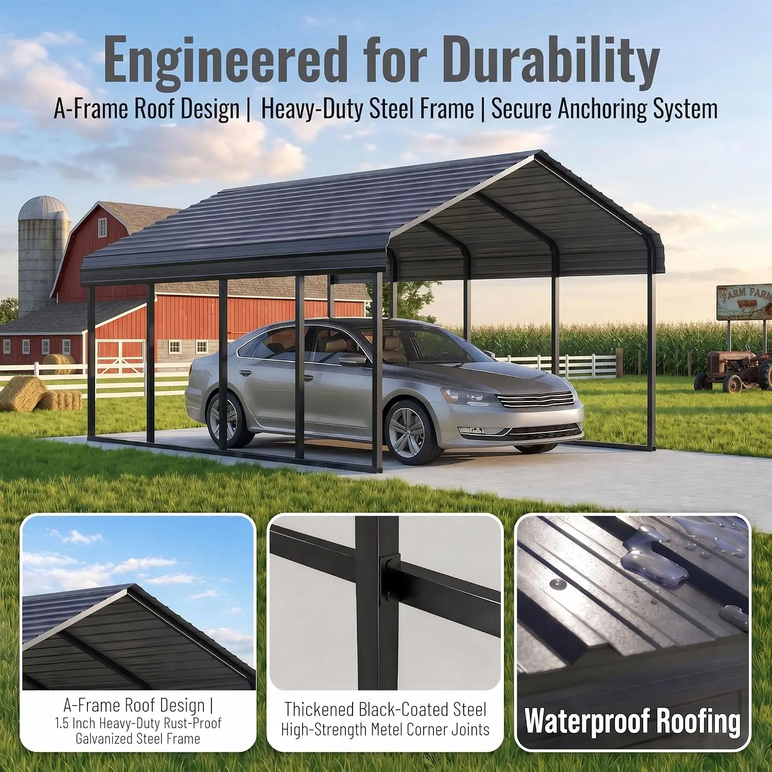 10x15 ft Heavy Duty Metal Carport Kit | Galvanized Steel Frame Car Port Canopy, Steel Garage Cover for All-Weather - RV, Custom