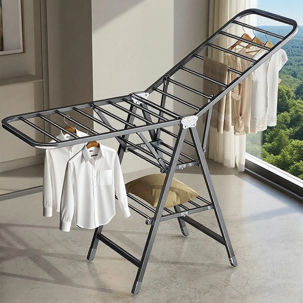 

Home Bedroom Balcony Indoor Use Metal Folding Drying Rack with Clothes Hanging Rod Coat Stand Product