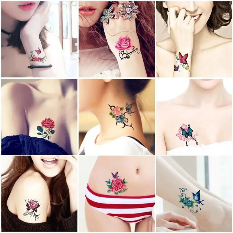 Flores temporárias e borboleta adesivos, corretivo de arte corporal impermeável, sem repetição, tatuagens descartáveis, 52pcs por conjunto