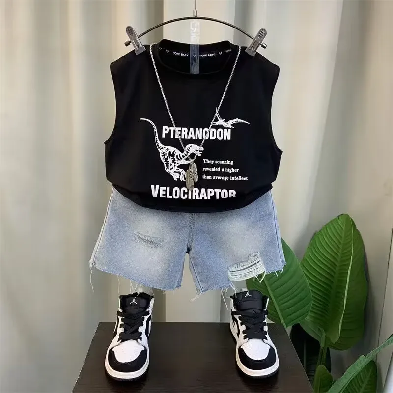 Boys\' Clothing Set New Western Style Baby Summer Sleeveless Clothes 0-9 Year Old Children\'s Fashionable Summer Two Piece Set