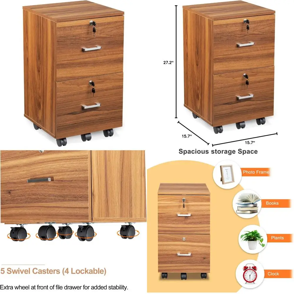 

Letter Size Lockable Wood Grain Walnut File Cabinet with 2 Drawers, Under Desk Rolling Storage for Office Files and Folders