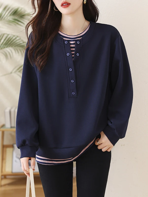 Casual Stripe Patchwork Loose Long Sve round Ne Sweatirt plus Size Women's Faion Autumn New Sle Versatile Top