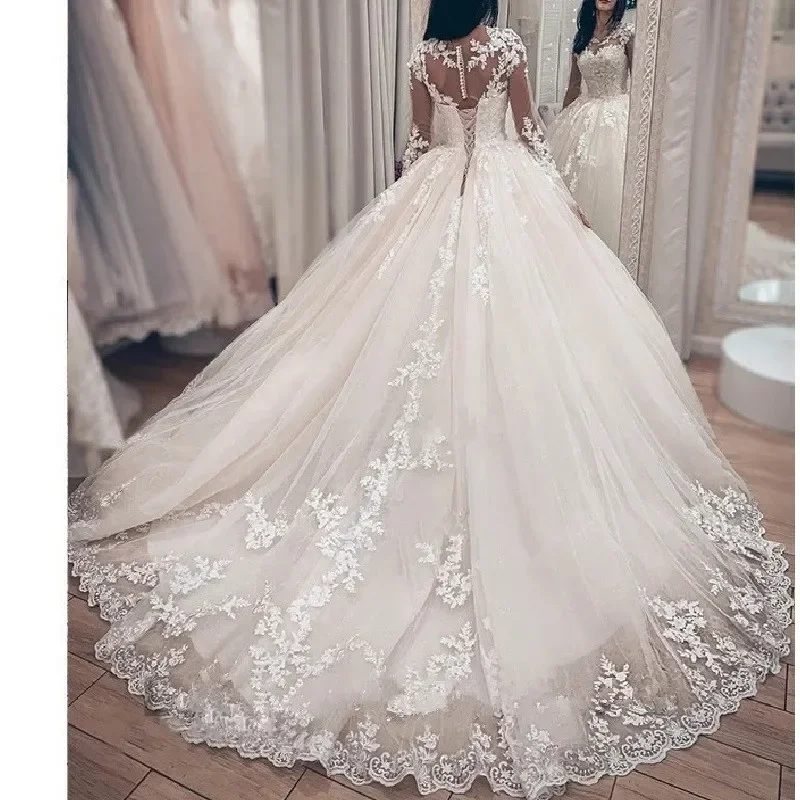 Princess Ball Gown Wedding Dress long sleeve bride dress o neck plus size robe de mariee Lace beading Wedding Bridal Gown