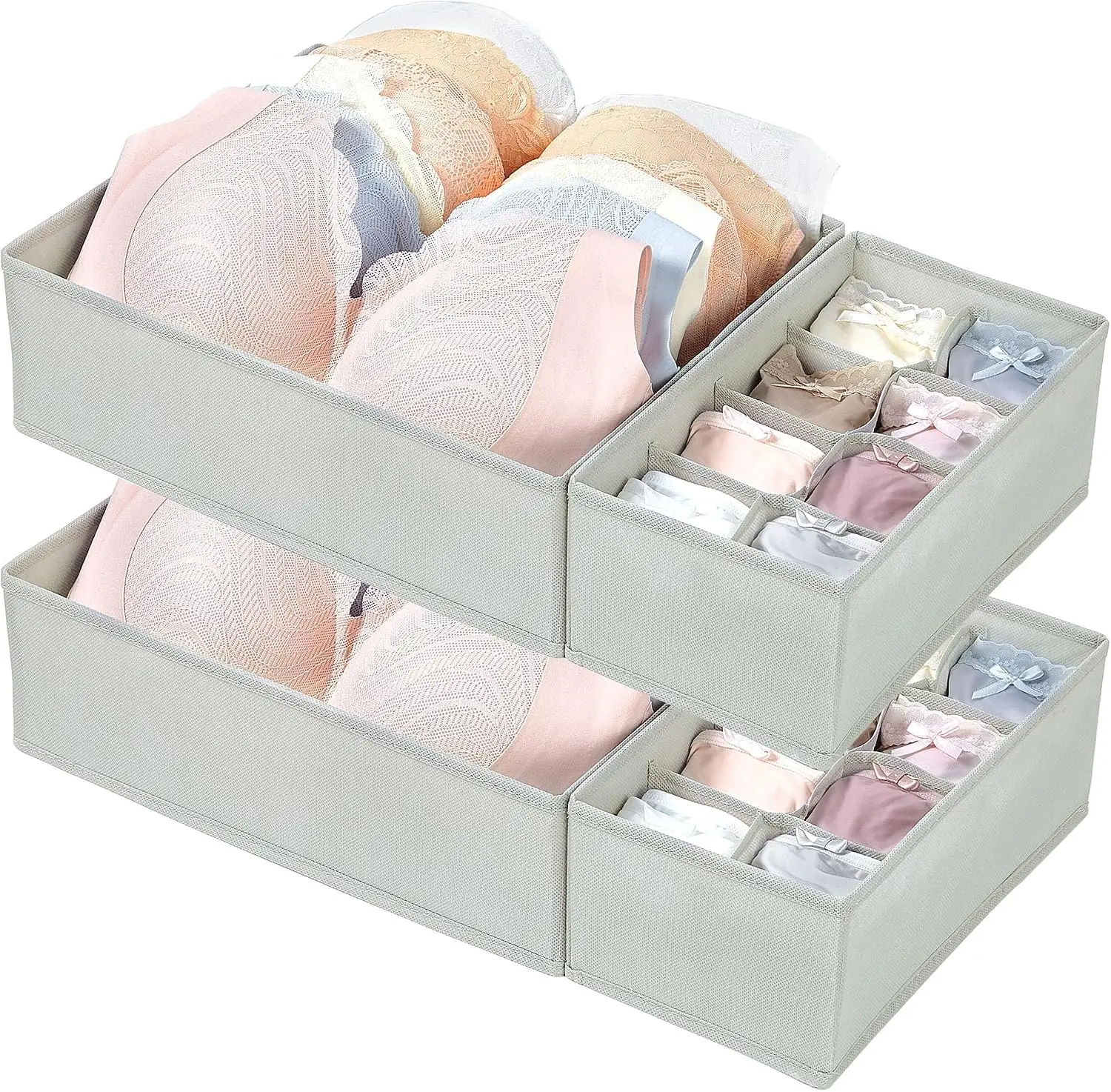 4 Pack Large Bra Drawer Organizer, 14 Inch Foldable Fabric Underwear Storage Tray for Dresser Drawers, Keeps Shape for M-L/34D-3