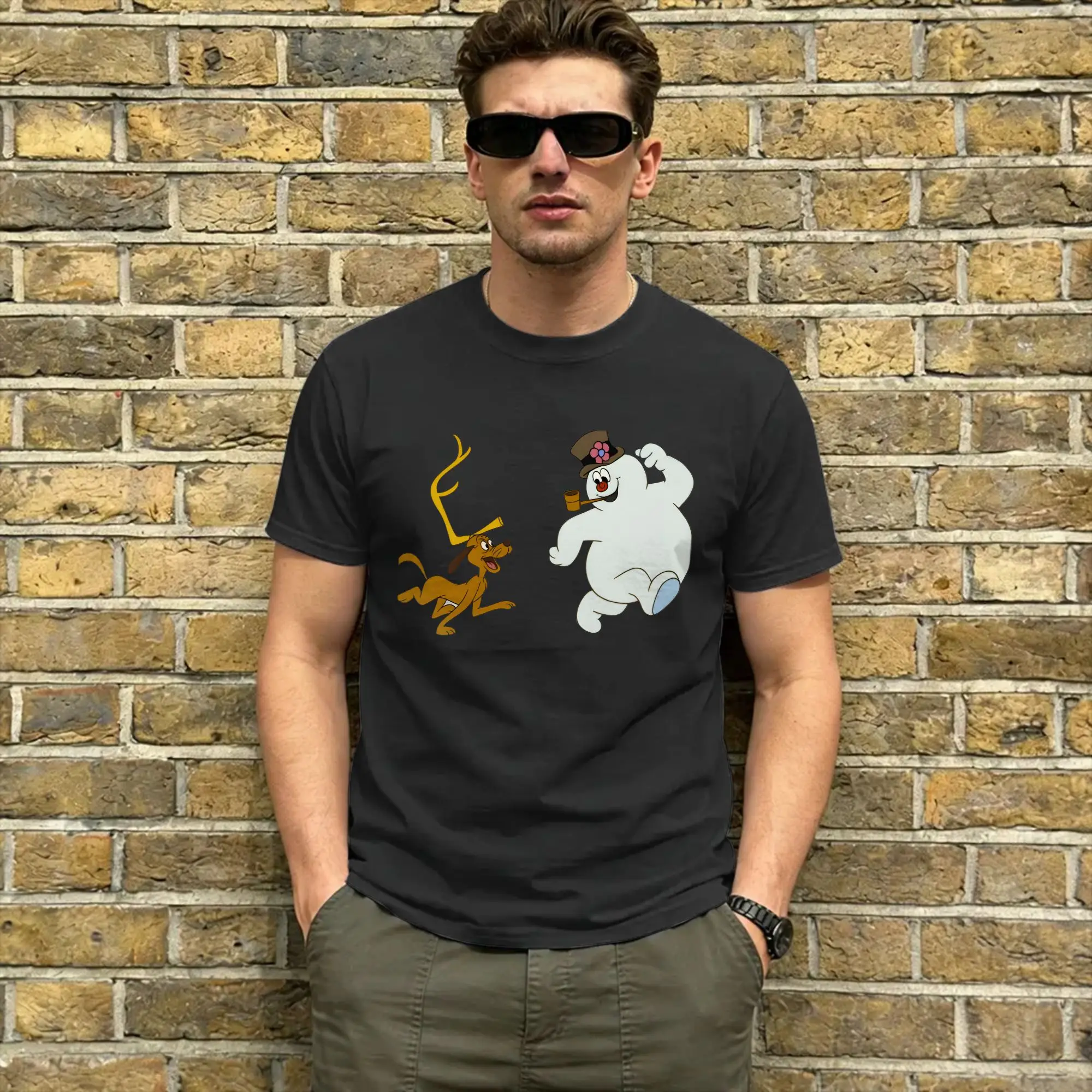 Snowman Frostys Cotton T Shirt For Couple Beach chasing  Vintage T Shirts Crewneck Novelty Tees Big Size Cheap Clothing