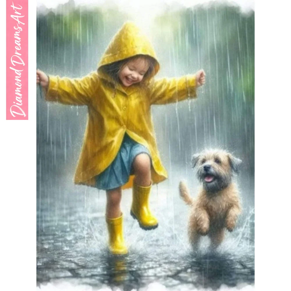 Neues Diamond Painting-Set: Kleines Mädchen mit Hund, Diamant-Mosaik, Regenszenerie-Kunst, Komplettes Set mit Strass-Bildern, Rahmenlos