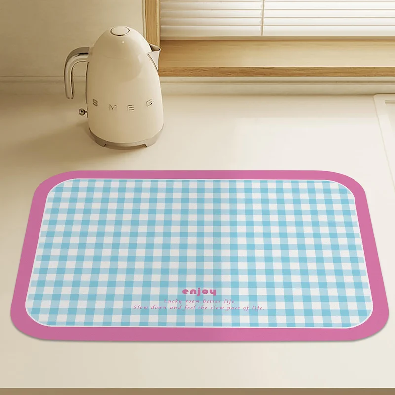 VIKAMA Colorful Line Grid Drainage Mat, Kitchen Anti Slip Water Absorption Quick Drying Drainage Mat, Home Decoration