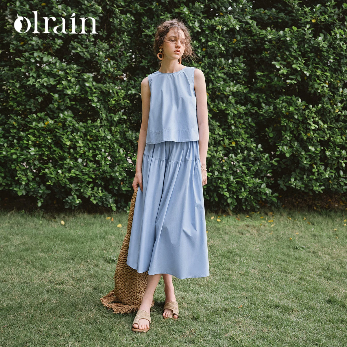 OLrain Women's Blue Skirt Suit Summer 2026 Casual 2 Piece Outfits Female Midi A-line Skirt Tank Top Ladies Skirt Sets O57XE98806