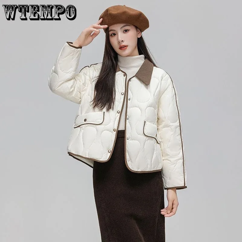 WTEMPO Women's Spliced Turn Down Collar Lightweight Padded Jacket Loose Short Solid Color Quilted Coat Winter Fall Outwear