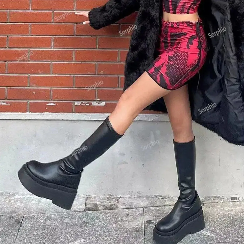 Platform Boots For Women Knee High Med Calf Chunky Heel Fashion Girls Shoes 2022 Autumn Summer Boots Slip On Brand New Goth