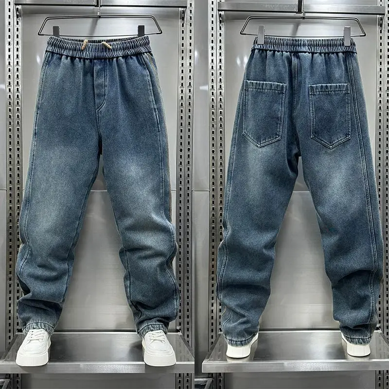 

Trendy Men's Gradient Color Block Elastic Waist Loose Fit Harlan Jeans Cotton Polyester Blend Casual Straight Leg Jeans