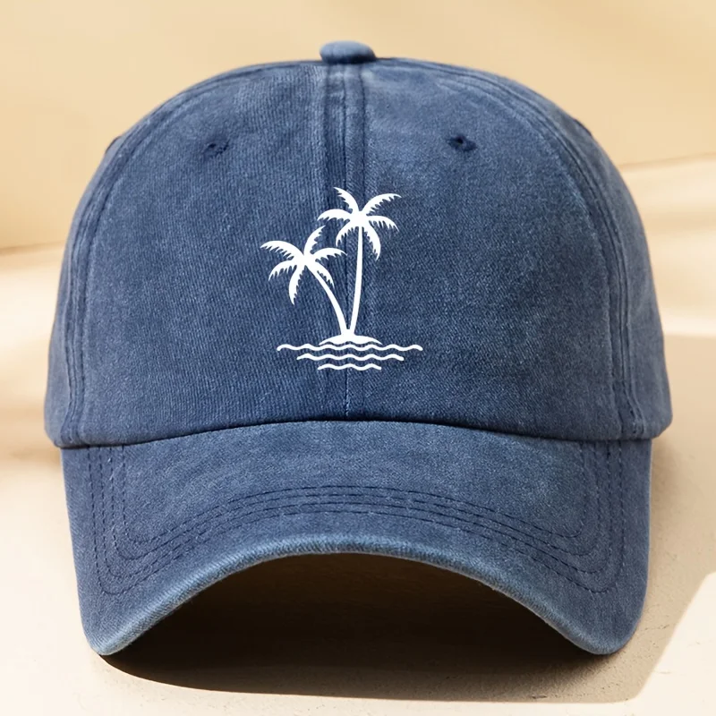 قبعة بيسبول نسائية مغسولة بطباعة شجرة جوز الهند، قبعة منقار البط بلون سادة، قبعة سائق قابلة للتعديل في الهواء الطلق