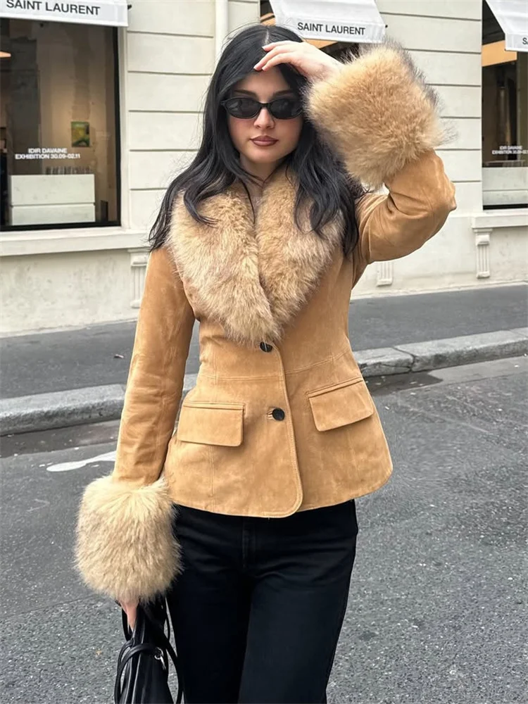

Tossy Fashion Vintage Fur Feather Jackets For Women Pocket V-Neck Long Sleeve Patchwork Winter Commute Coat Female Warm Jackets