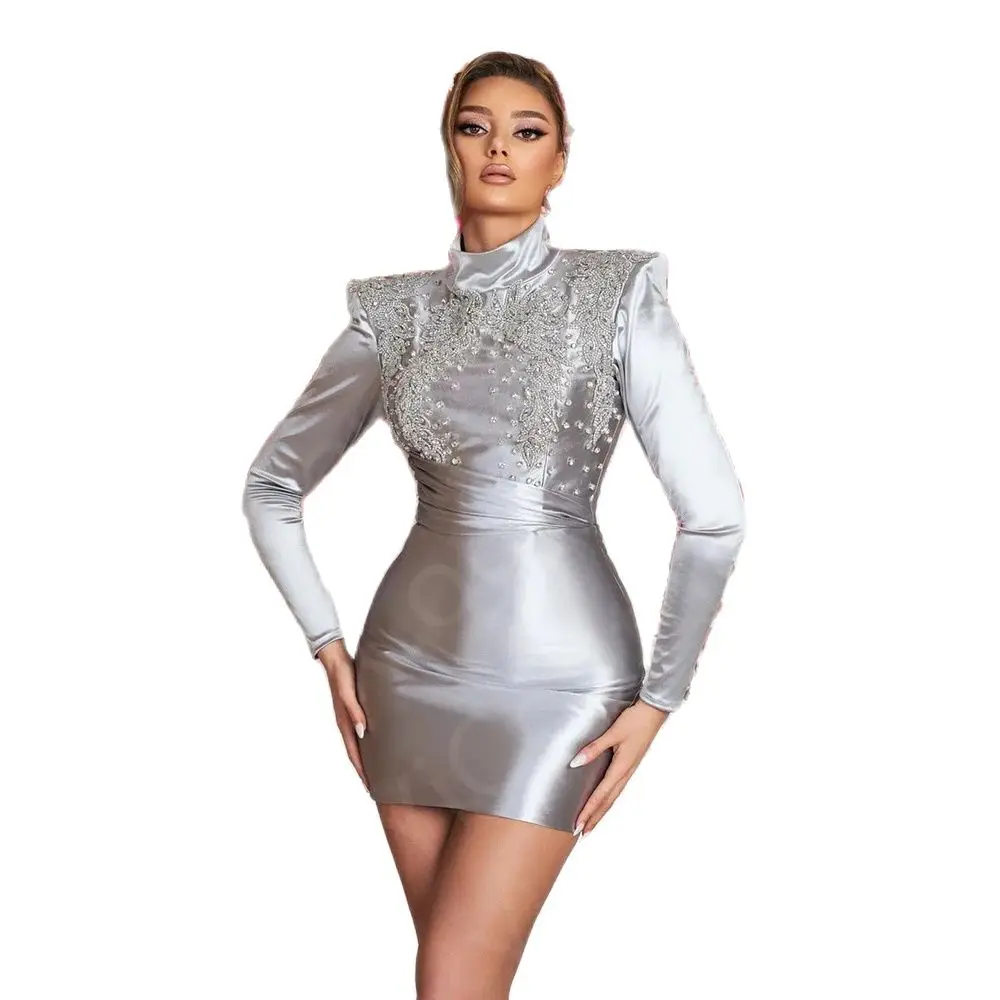 Silver Sexy Prom Dresses Short 2024 Homecoming Gowns Long Sleeves High Collar Wedding Party Dress Mini Length Crystal Beaded