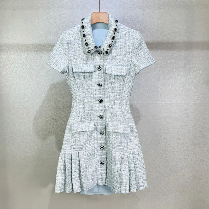 

Spring Summer 2025 stud drill lapel short sleeve waist hollowed-out tweed patchwork pleated skirt dress