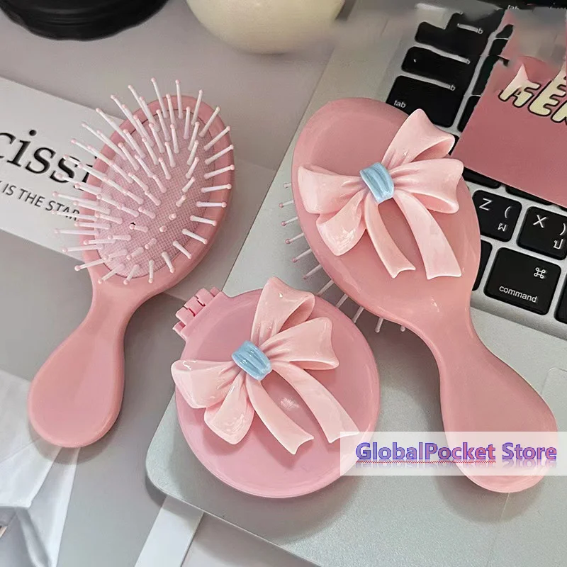 

Pink Round Folding Comb With Mirror Portable Bow Decor Anti Static Pocket Hair Brush Cartoon Princess Style Handle Comb Girl