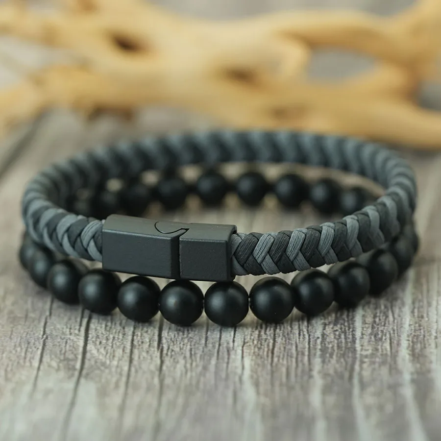 

Noter 2Pcs Bracelets Exclusifs Pour Hommes 8mm Onyx Stone Strand Braclet Handmade Weaven Leather Braslet Perfect Gift For Him