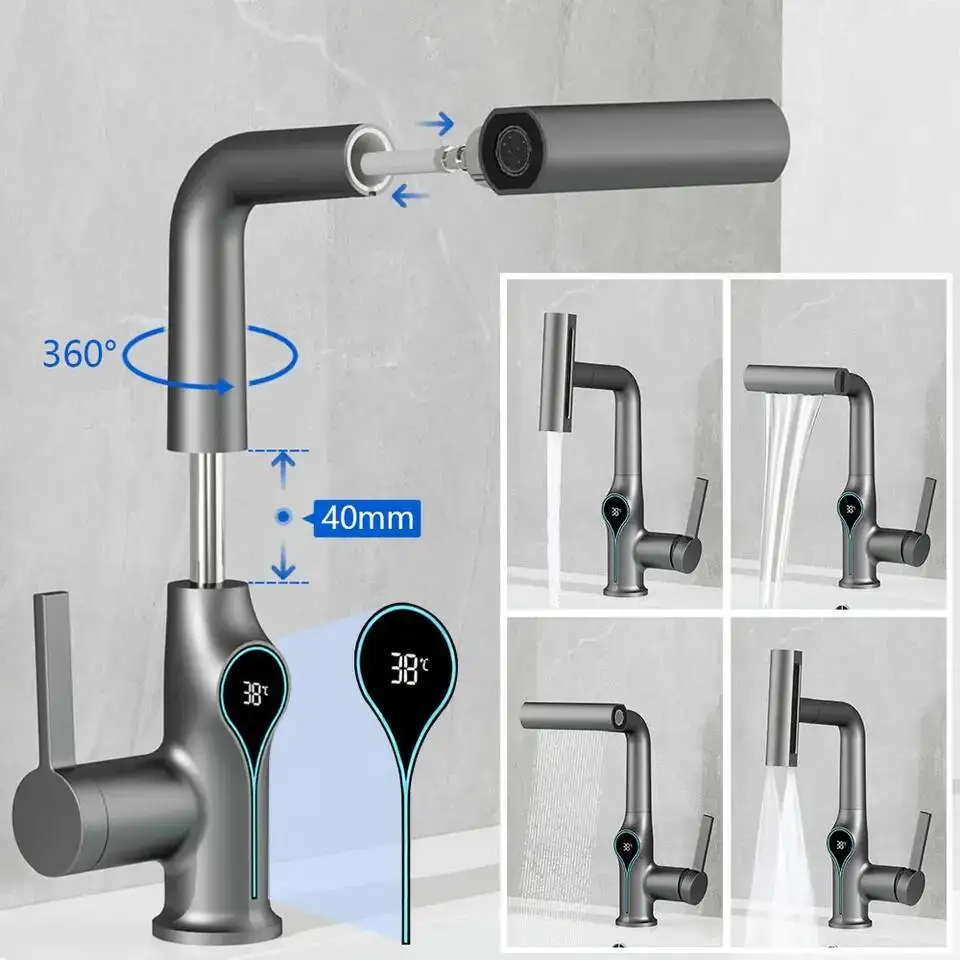 多機能滝状洗面器 4モード混合栓 引き出し式ノズル 浴室＆キッチン スマートディスプレイ付きシンク蛇口