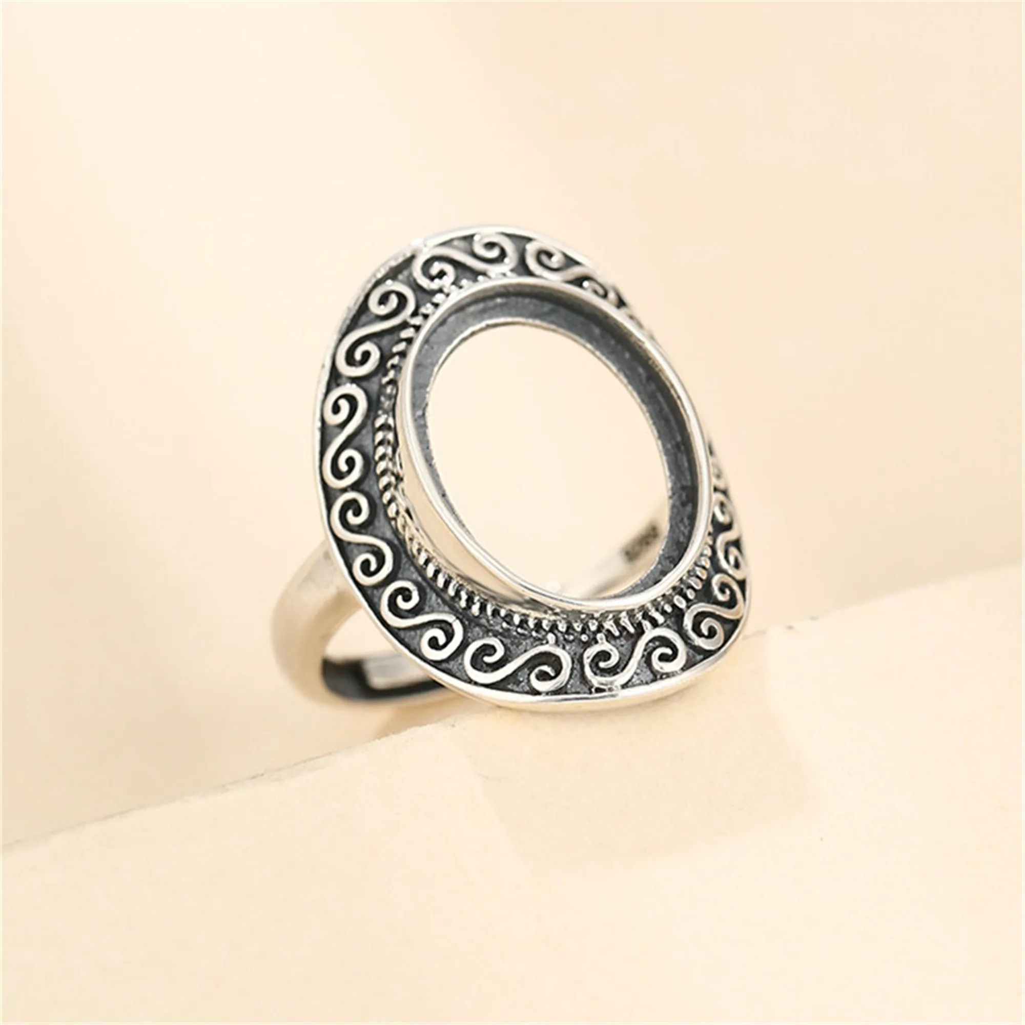 Ring Setting for 12x15mm Oval Cabochons Antique Style Thai Sterling Silver Adjustable Ring Base Ring Component SR0535