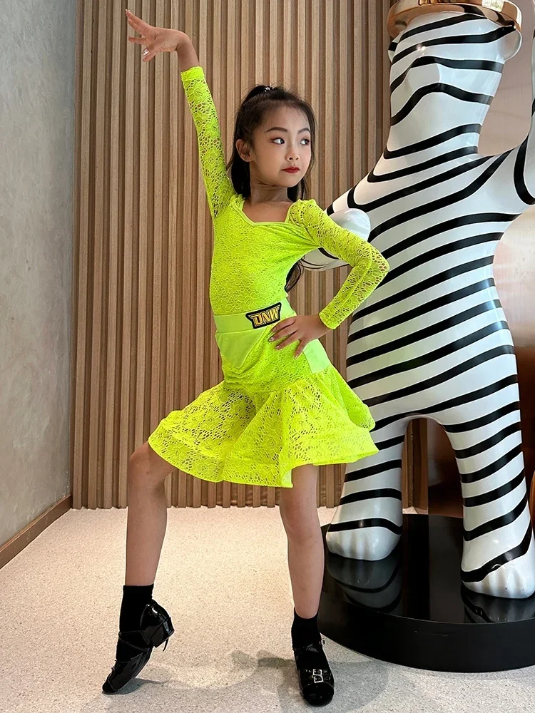 蛍光黄色ラテンダンスドレス子供競技衣装ボディスーツスカート女の子チャチャダンスパフォーマンスウェア DL11435