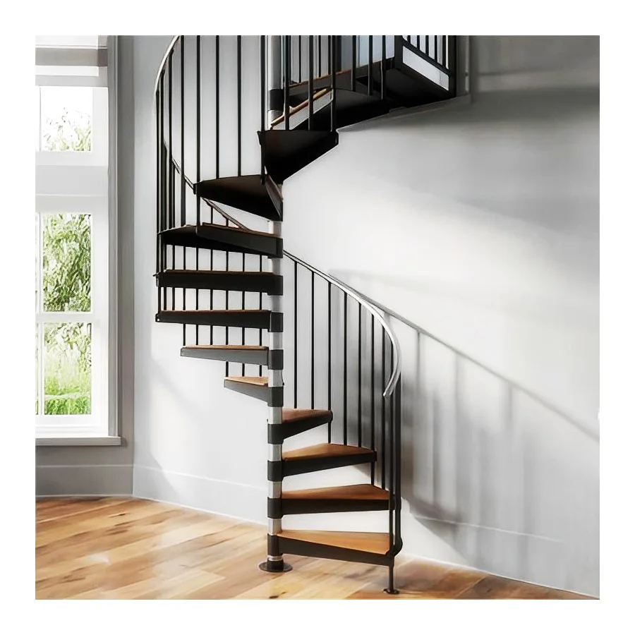 Personalizzazione Scala a spirale con gradino in vetro commerciale per villa facile da installare Scale elicoidali per interni residenziali con battistrada in legno per esterni