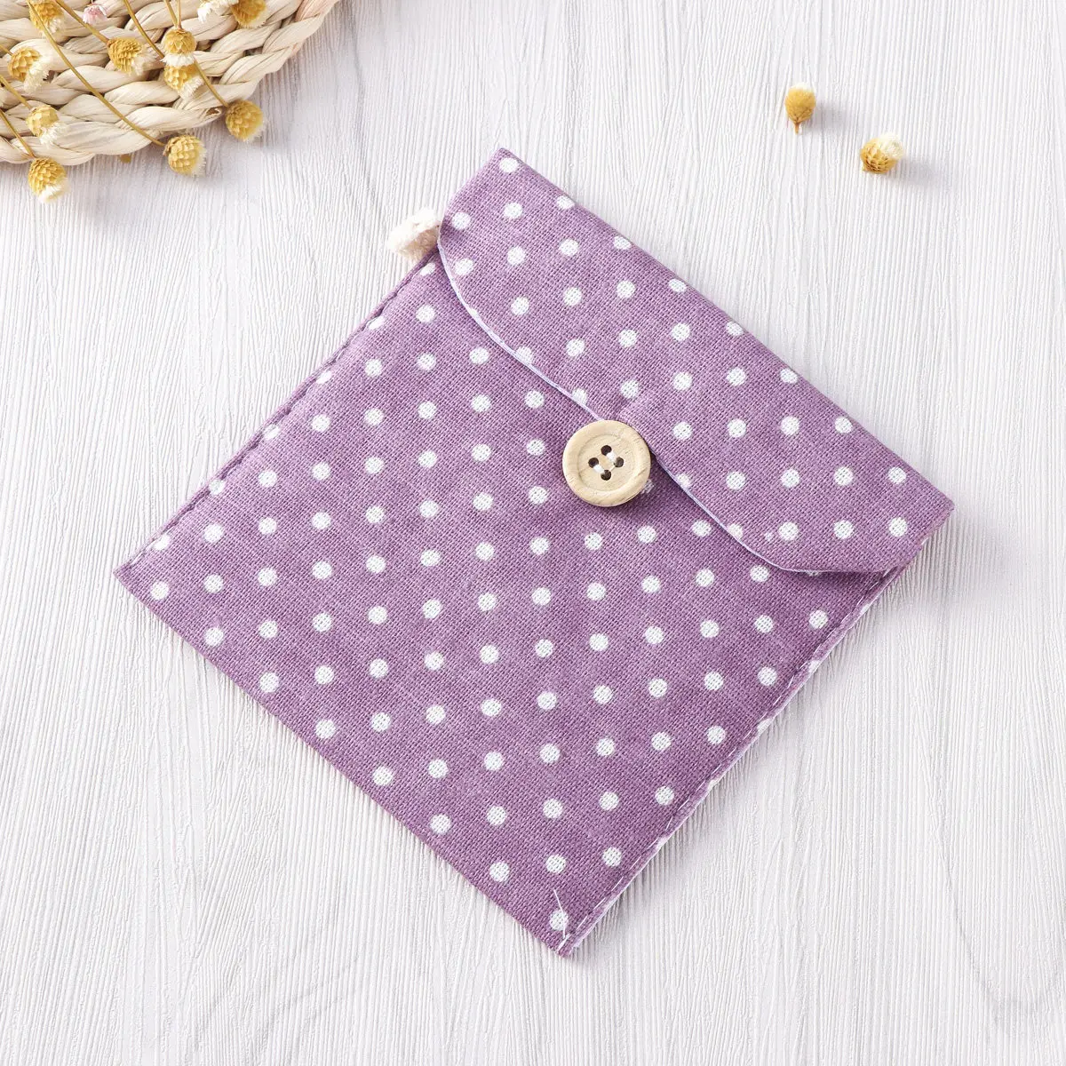 Women Purple Polka Dot Linen Sanitary Napkins Organizer Secret Pouch Menstrual Pad Holder Case Travel Coin