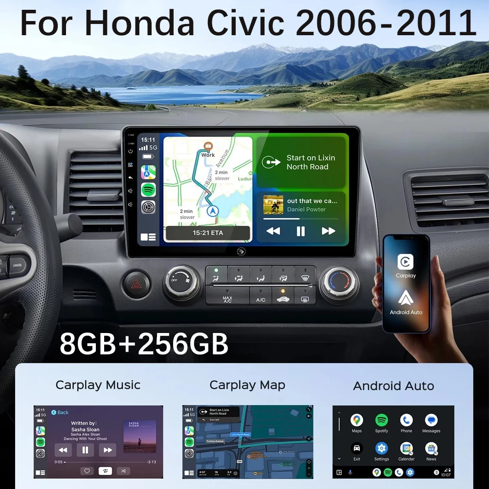 

Android 15 For Honda Civic 2006 2007 2008 -2012 Car Radio Multimedia player navigation GPS DSP audio stereo 4G+WIFI Carplay Auto