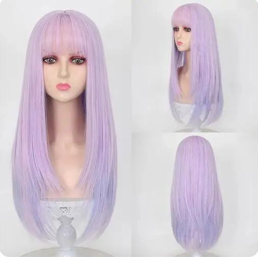 Long Light Purple Synthetic Stranght Wig with Bangs for white Women Cosplay Party Halloween Wigs Daily Natural Hair