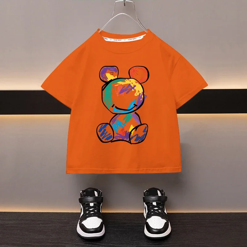 Boys Cotton T-shirt Cartoon Graffiti Bear Printed Girls Tees Summer Short Sleeve Children Tops High Quality Casual Kids Clothes