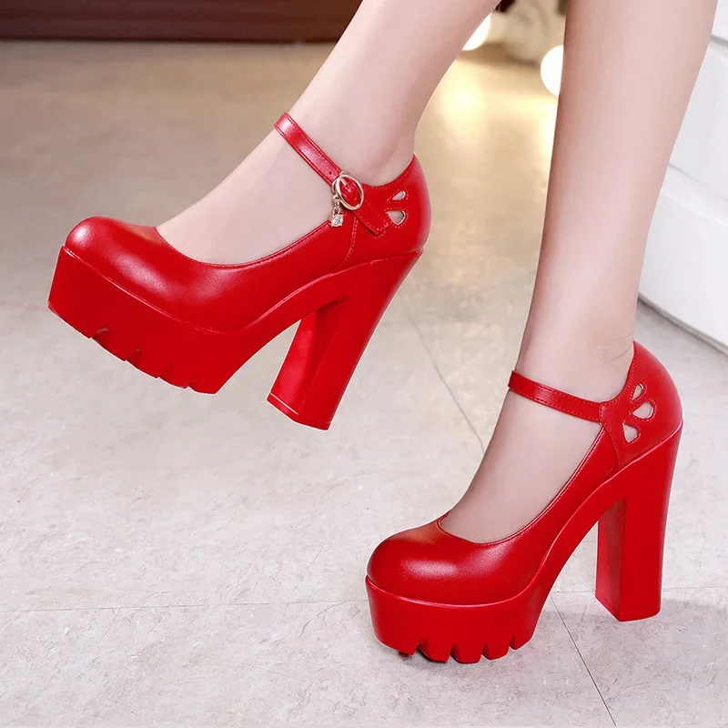 Small Size 32-43 Soft Leather Platform Pumps Women 2024 Block High Heels Wedding Shoes Mary Janes for Show Office Party