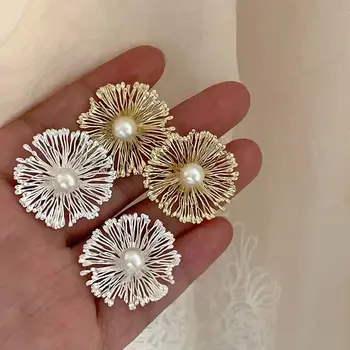 誇張金屬花朵珍珠耳環,女士時尚金色鏤空圓形氣質耳環,珠寶派對禮物 6 最佳銷售 新娘耳環 - №5