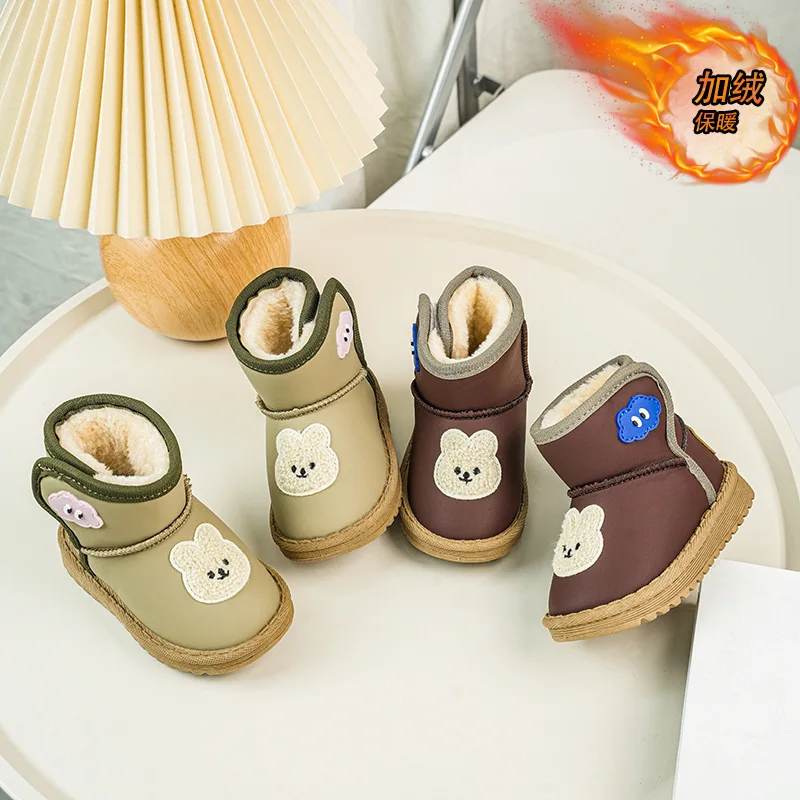 Kids'Snow Boots Solid Color Cartoon PU Leather Plush Fashion Winter Shoes For Children Anti-slip Warm Khaki Brown Size 17-30
