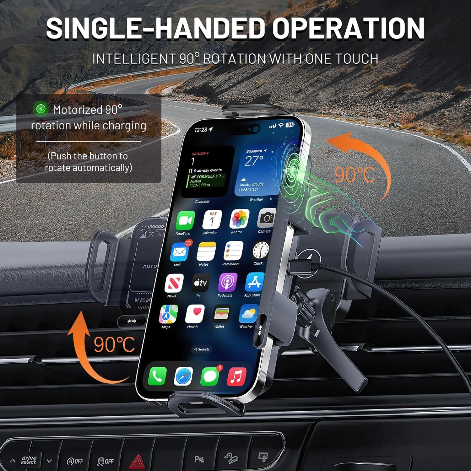 Car Wireless Charger 2-in-1 Electric Car Phone Holder Rotatable 15W Fast Charging Stand Suitable for iPhone Android iPad Tablet