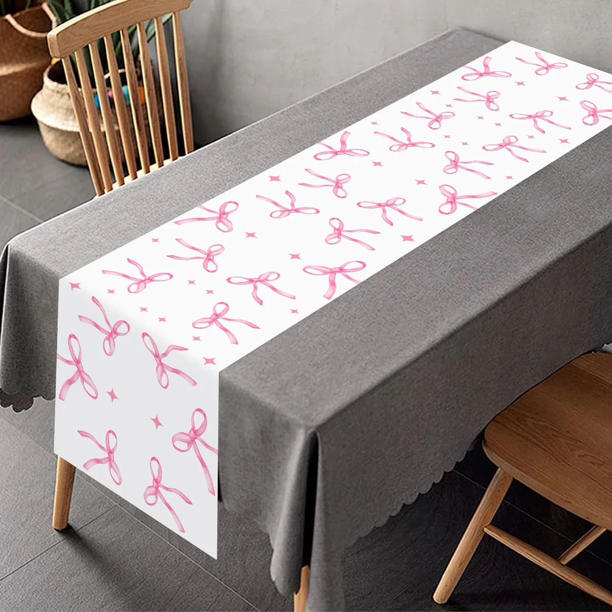 Pink Bow Table Runner Birthday Party Decoration Favors Polyester Tablecloth Wedding 1st Birthday Party Supplies