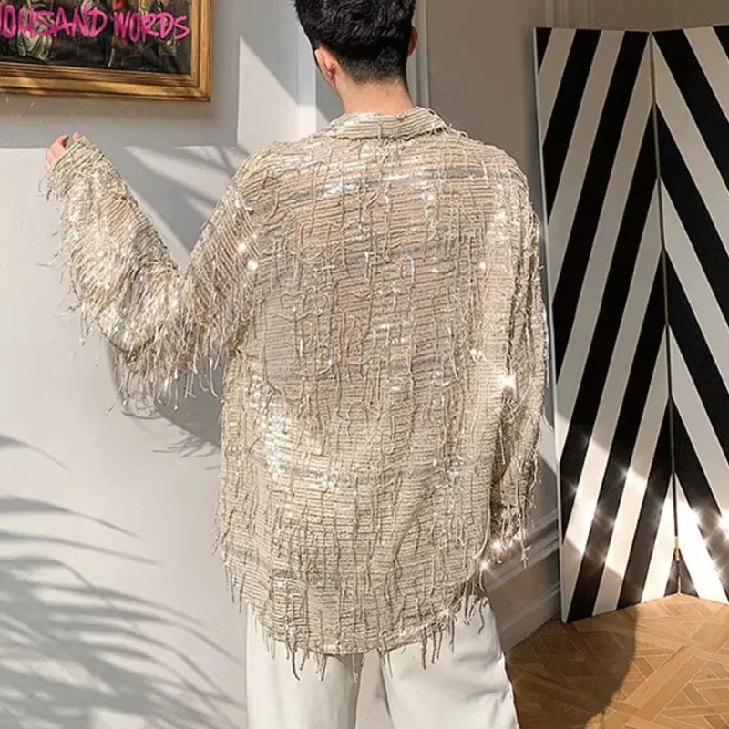 Korean Oversized Shirt Men's Nightclub Outfit Sequined Fringe Spring Summer Glitter Sexy Long Sleeve Casual Shirts