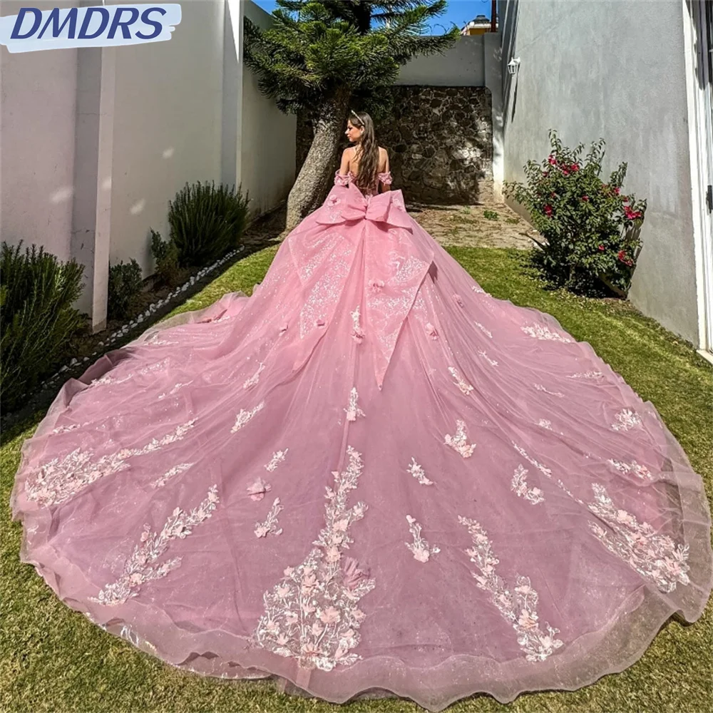 Romantic Sweetheart Pink Shiny Quinceanera Dress Party Gown Princess Lace Appliques Beads Crystal Off The Shoulder For 16 Year