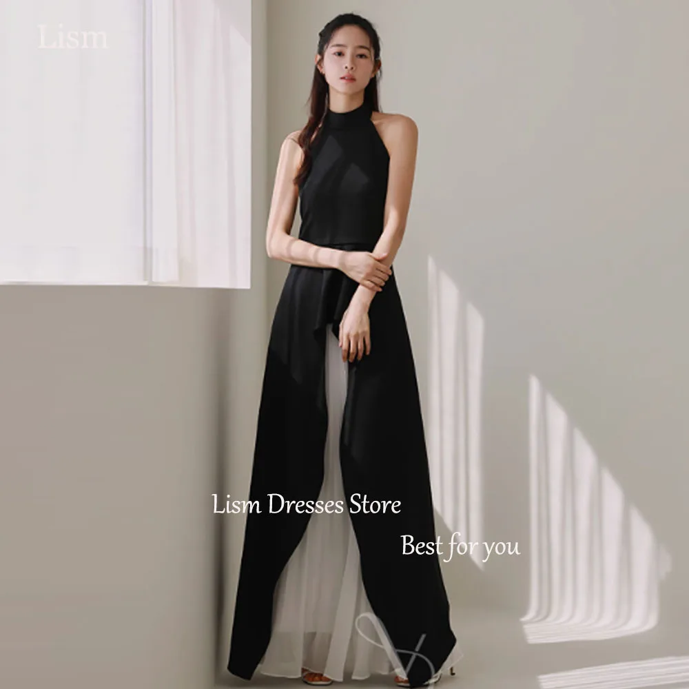 LISM Black Elegant Backless Evening Dresses High Collar Sleeveless A-line Bridal Gown Floor-Length Wedding Reception Dresses