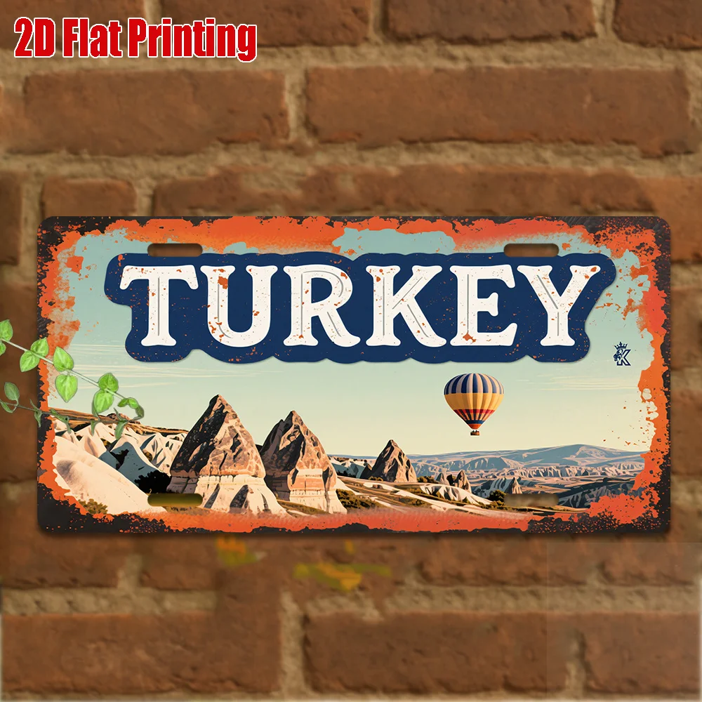 HD Aluminum Metal Sign, Turkey Cappadocia Vintage License Plate Style Wall Decor, Retro Hot Air Balloon Fairy Chimney Landscape