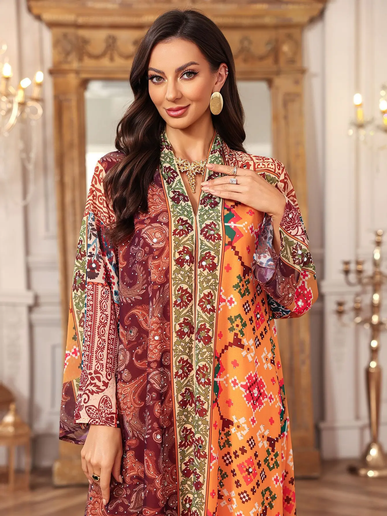 Abaja Damska Sukienka na Eid Muzułmańska z Nadrukiem Diamentowa Dubaj Turcja Długa Sukienka Vestidos Largos Ramadan Maroko Kaftan do Modlitwy Szata Abaje