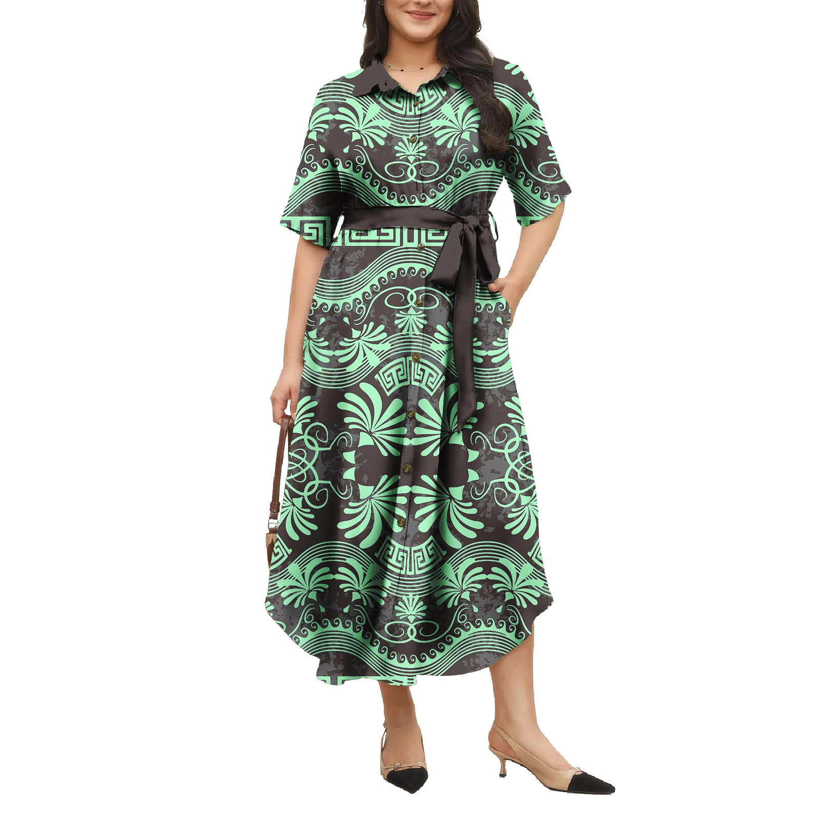 Plus Size Tapa Samoa Dress Classic Tatau Polynesian Island Wear Traditional Samoan Puletasi Short Sleeved Dress For Women