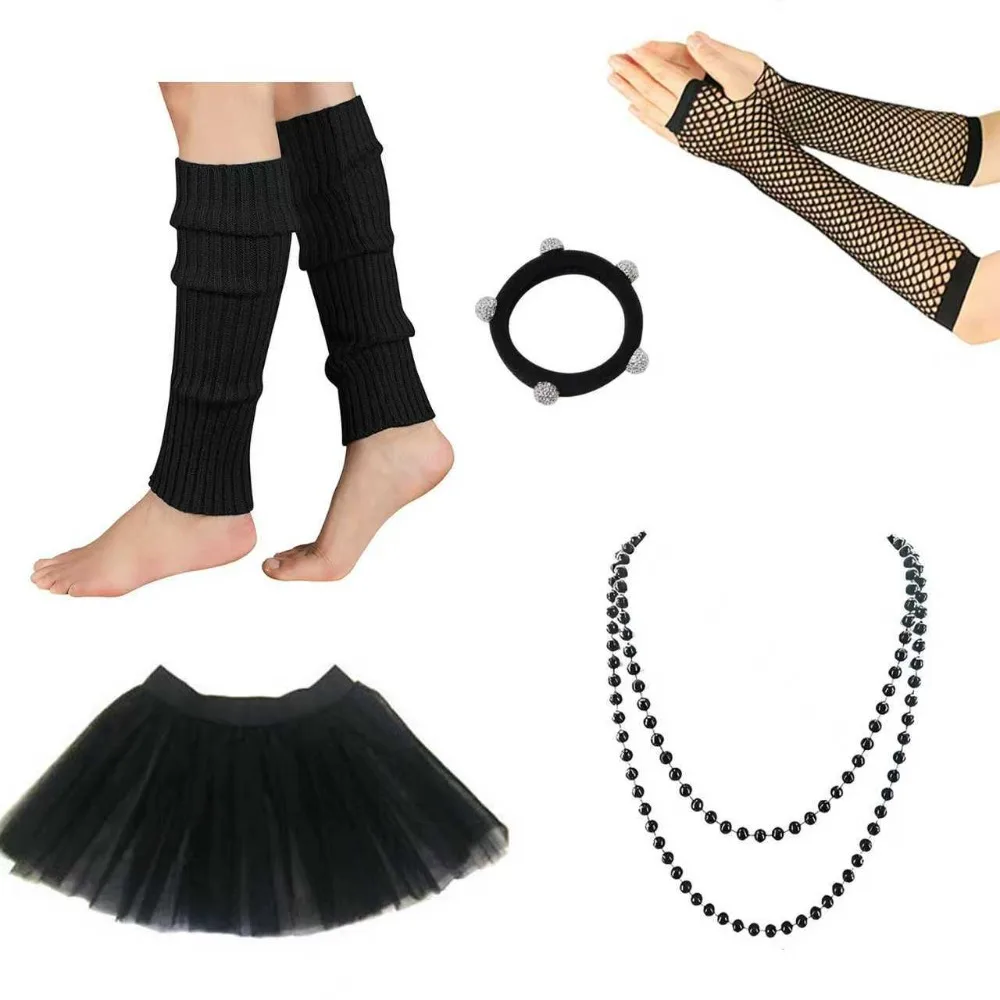 

PESENAR 1980s Retro 5 Piece Accessory Set Leg Warmers Fishnet Gloves Hair Tie Tutu Skirt Beaded Necklace