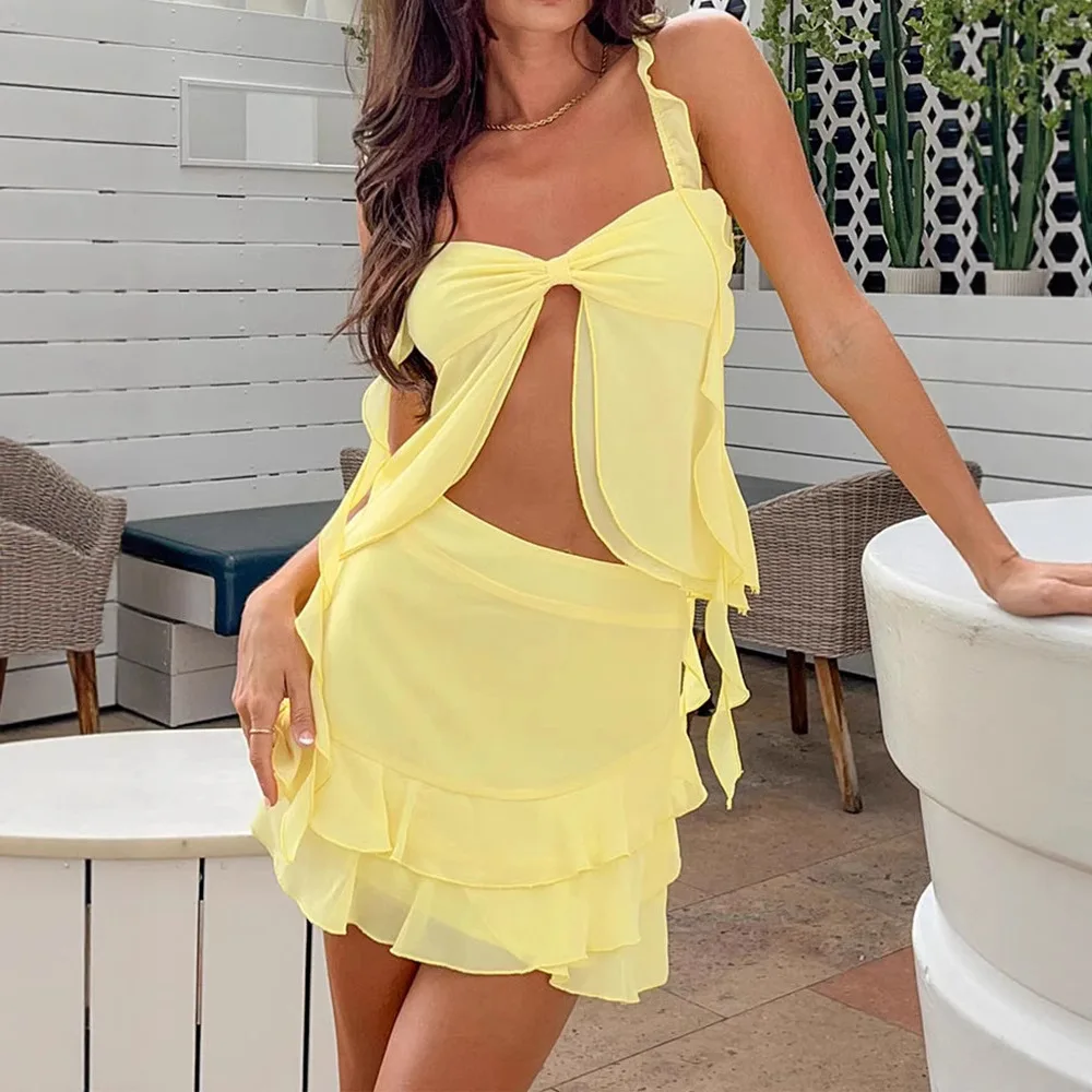 

2025 NEW Fashionable Casual Women's Mini Dress Set Two Piece Suit Sexy Hollow Pleated Design Cross Border Hot Selling Ladies Clo