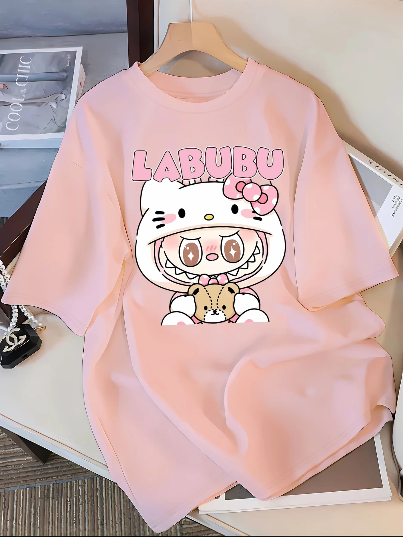 Labubu Cartoon Print Casual T-Shirt Polyester 100% Crew Neck Short Sleeve Top for Spring/Summer/Fall - Knit Fabric Adult Tee